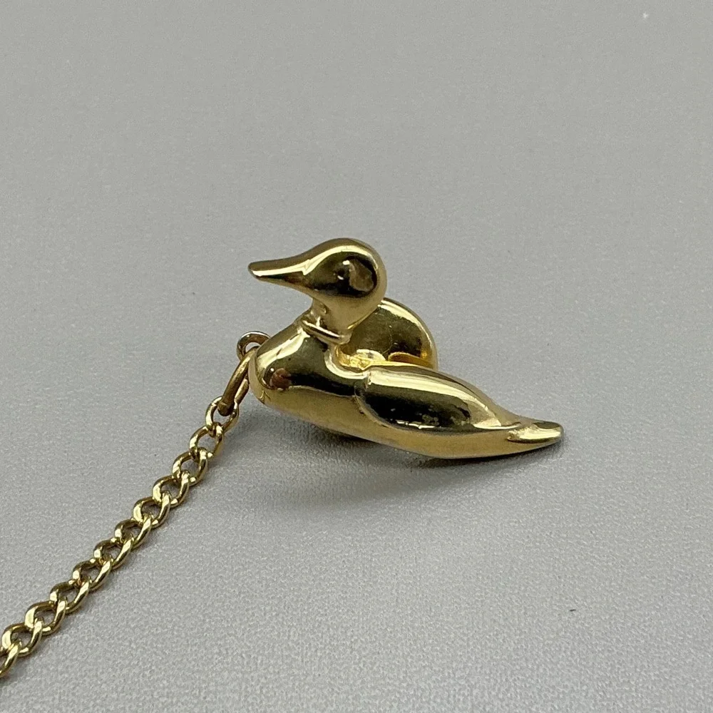 Vintage Gold Tone Duck Tie Tack Waterfowl Bird Lapel Pin with Safety Chain